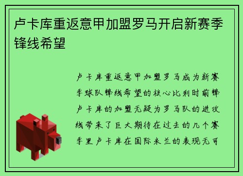 卢卡库重返意甲加盟罗马开启新赛季锋线希望