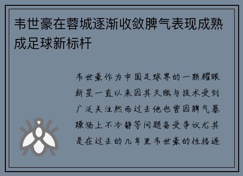 韦世豪在蓉城逐渐收敛脾气表现成熟成足球新标杆 韦世豪在蓉城逐渐收敛脾气表现成熟成足球新标杆